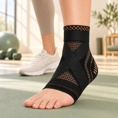 Woman wearing the heel-covering Copper OrthoPro foot sleeve during a gym warmup