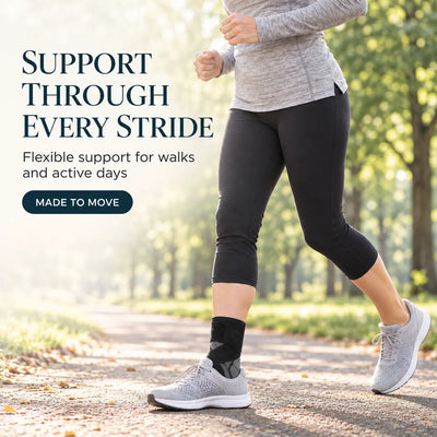 Woman walking in Clearvell OrthoPro Foot Sleeve with covered heel inside trainer