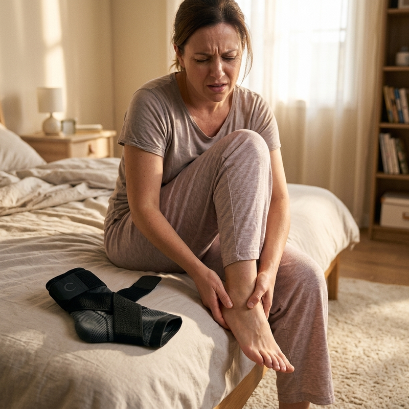 Woman holding her heel in discomfort before wearing Clearvell support