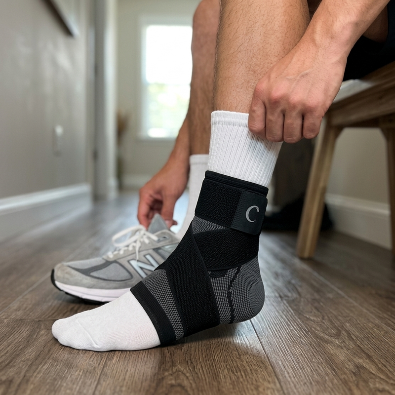 Foot wearing Clearvell Foot Support Sleeve with sock and shoe