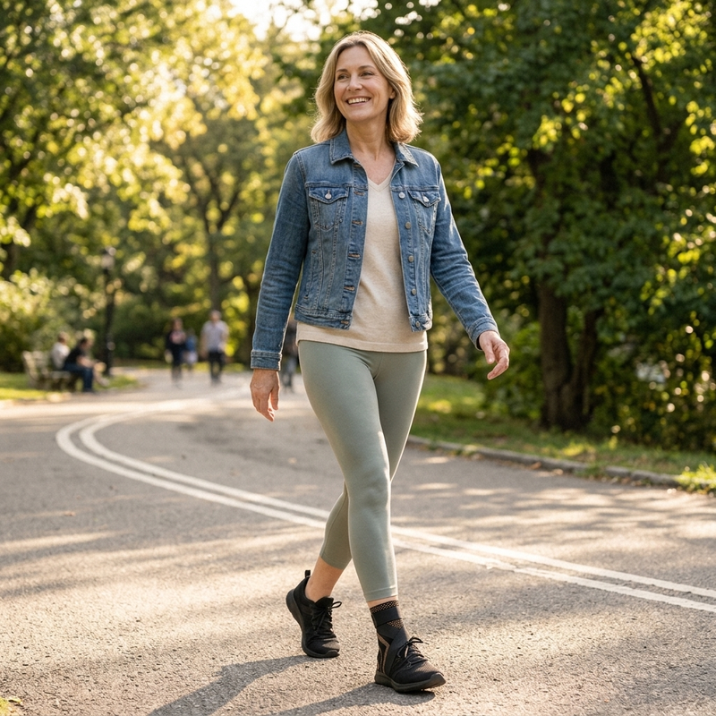 Woman walking confidently in the park wearing Clearvell Copper Foot Sleeve