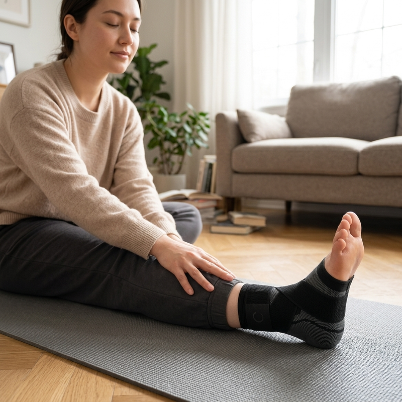 Stretching at home wearing Clearvell Foot Support Sleeve