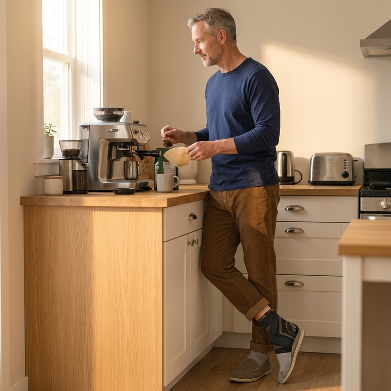 Standing comfortably in the kitchen wearing Clearvell Copper Foot Sleeve