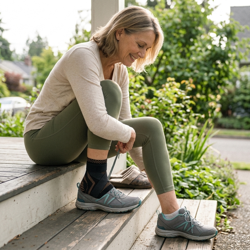 Lacing up shoes on the porch wearing Clearvell Copper Foot Sleeve