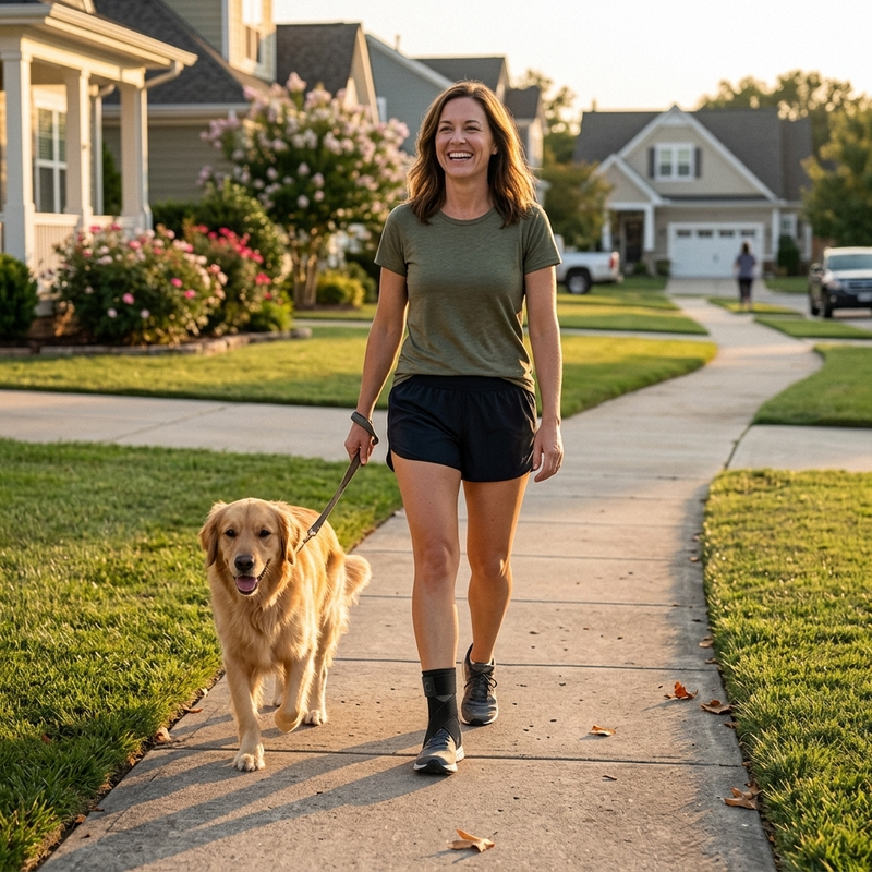 Walking the dog wearing Clearvell Foot Support Sleeve