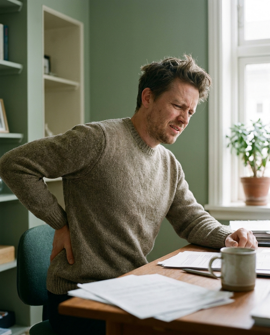 Pain points - person with desk-related back and shoulder discomfort